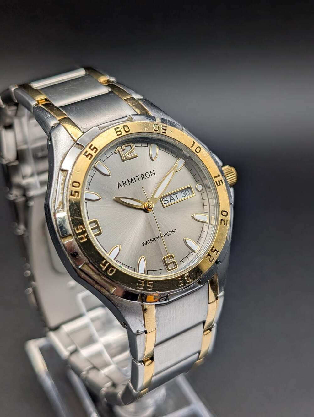 Vintage Armitron Two Tone Quartz Watch, Day Date Silver Dial Sports Style